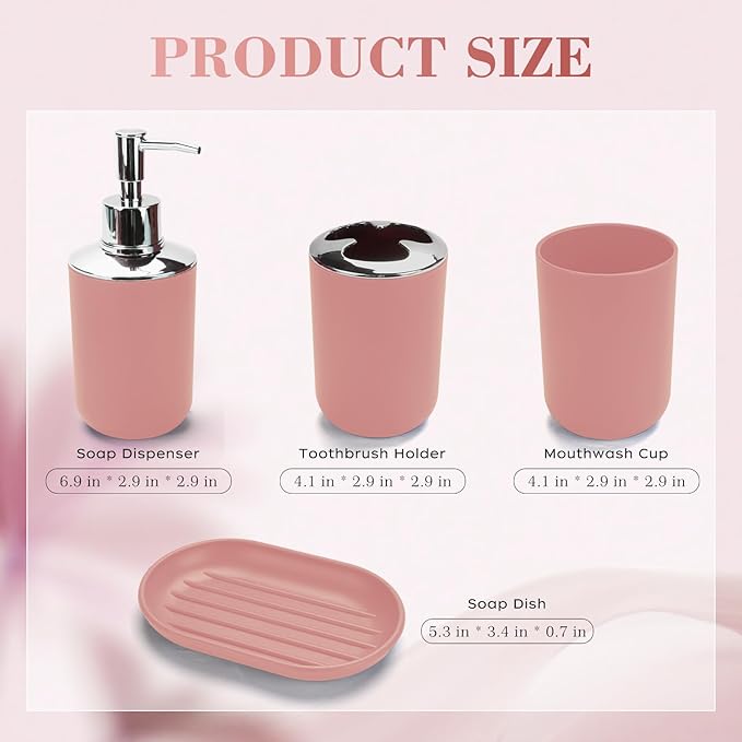 4 Pcs Pink Bathroom Accessories Set,Bohemian Bathroom Toothbrush Holder Set.Include Soap Dispenser, Soap Dish, Toothbrush Holder, Mouthwash Cup, Modern Bahtroom Decor Set