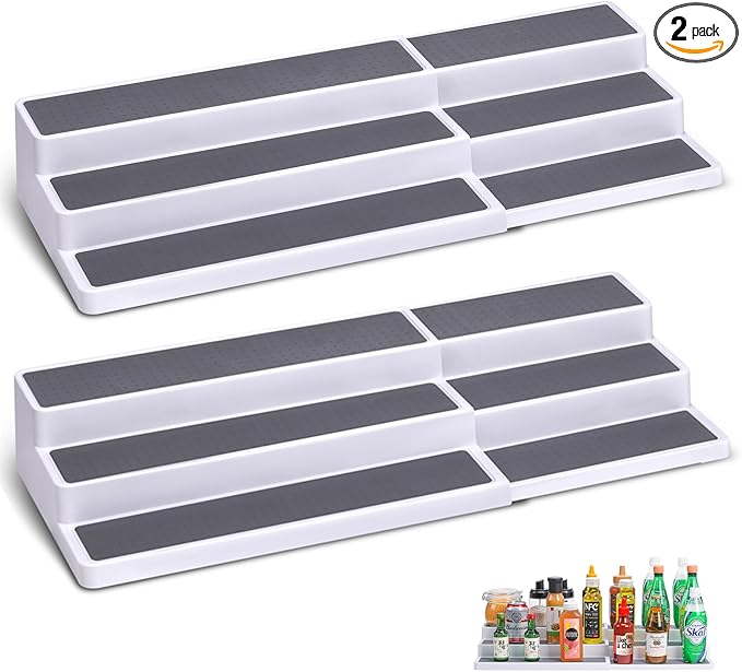 3 Tier Expandable Spice Rack Organizer, White/Grey Plastic Spice Rack, Adjustable Length 14.6In-25.8In, 2 Pack Non-Skid Tiered Spice Shelf Organizer for Kitchen Cabinet, Cupboard, Pantry