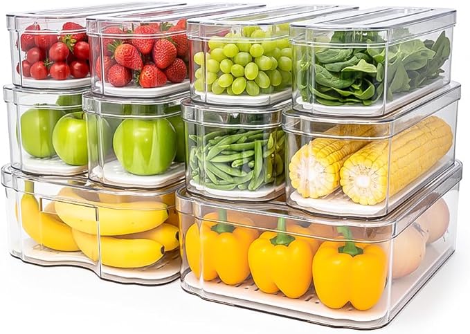 10 Pack Refrigerator Organizers, Clear Container and Organizer Bins with Lids, Stackable Storage Containers for Fruits, Vegetable (Set of 10)