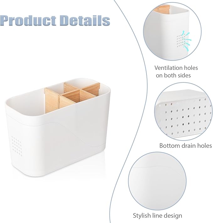 Toothbrush Holders for Bathrooms, Electric Tooth Brush Holder with Bamboo Dividers Kids Toothbrush and Toothpaste Organizer for Bathroom Countertop Accessories Storage, 5 Slots, White