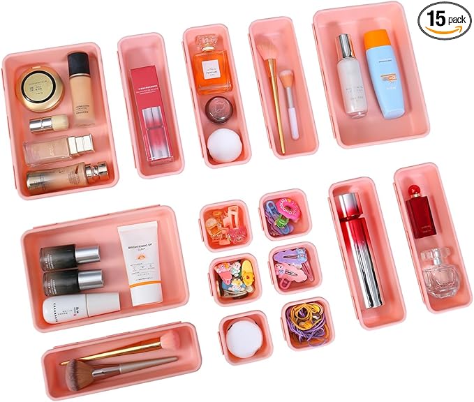 15 PCS Interlocking Desk Drawer Organizer Separator for Office,Bathroom,Kitchen,Makeup（Pink）