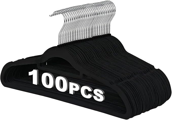 JupiterForce Velvet Hangers, 100 Pack Non-Slip Slim Clothes Hangers with 360 Degree Swivel Hook, Space Saving Velvet Coat Hangers for Closet Organization, Black