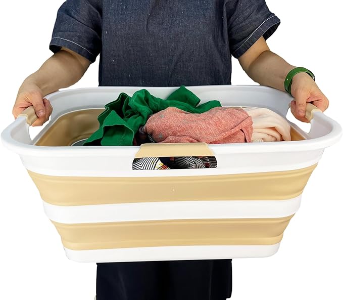 SAMMART 42 (11 Gallons) Collapsible Plastic Laundry Basket, Foldable Pop Up Storage Container/Organizer, Space Saving Hamper, Portable Bin for Dorm Room Bathroom (2, White/Beige)