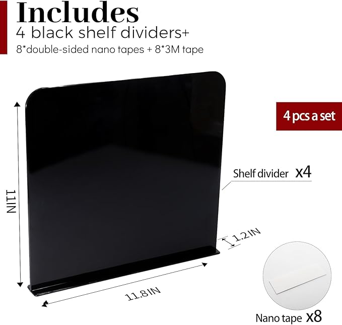 ROUFA Clear Shelf Dividers, 4Pcs Acrylic Closet Dividers Fit for Any Thickness of Shelves, Multi-Purpose Wood Shelf Separators for Bedroom, Kitchen, Office, Bathroom, 11.8''x11'' (Black)