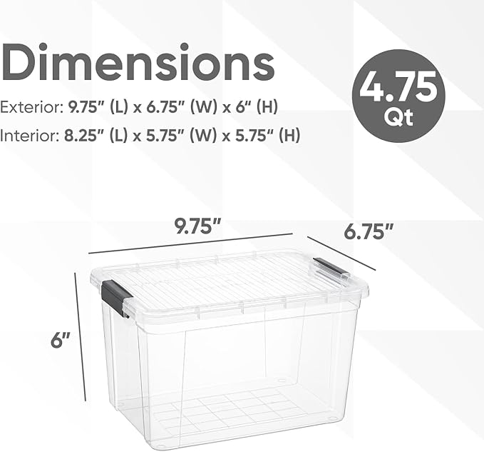 Superio Small Clear Storage Boxes with Lids, 4.75 Quart Plastic Container Bins for Organizing, Stackable Crates, BPA Free, Non Toxic, Odor Free, Organizers for Home, Office and Dorm, 5 Pack