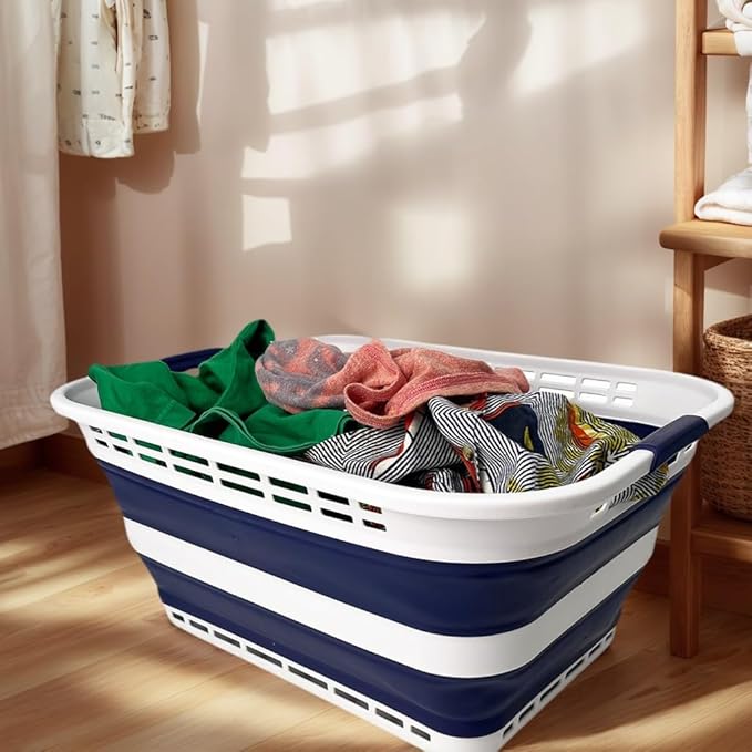 SAMMART 42L (11 Gallons) Collapsible Plastic Laundry Basket - Foldable Pop Up Storage Container/Organizer - Portable Washing Tub - Space Saving Hamper/Basket [BPA Free] (White/Starry Blue)