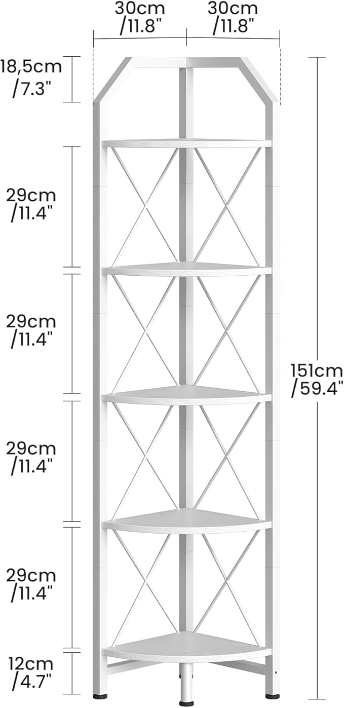 5-Tier Corner Shelf, Industrial Corner Bookshelf, 59.4" Corner Storage Stand, Plant Stand Display Shelf, Corner Bookcase for Bedroom, Living Room, Home Office, White TCJ10WB