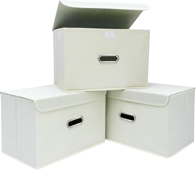 Linen Fabric Foldable Collapsible Storage Cube Bin Organizer Basket Fabric Storage Bins with Lid, Leather Handles, Removable Divider for Home, Closet, Creamy-White