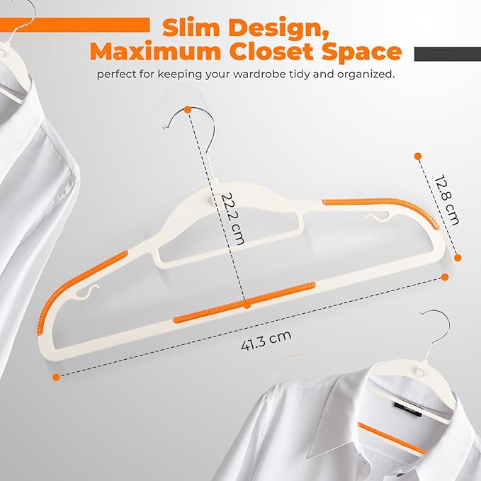 Lightweight White Plastic Hangers 20 Pack with Cascading Hook, Space Saving Thin, Closet Organizer, Orange Anti-Slip Pads, 360° Swivel, Tie Holder