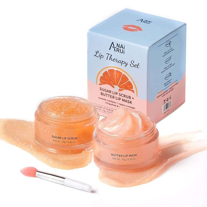 ANAI RUI Hydrating Lip Mask & Lip Scrub Set, Lip Overnight Treatment For A Softer & Smoother Pout, Lip Exfoliator Scrub and Moisturizer Set, Vegan & Cruelty-Free, Graperuit
