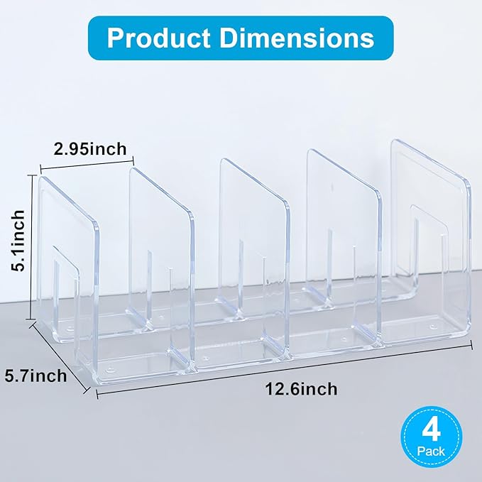 Marte Vanci Clear Acrylic File Sorter, Sturdy Desk File Organizer Shelf Book Holder Purse Handbag Clutch Divider File Folder Rack for Letter Cookbooks Home Office Kitchen Supplies 4 Sections (4 Pcs)