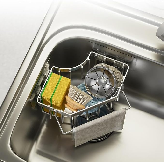 Corner Sink Organizer, Silver Stainless Steel Sponge Holder with Towel Bar, Self-Adhesive Kitchen Storage Rack