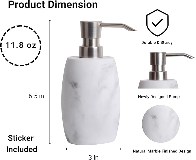 Resin Hand Soap Dispenser, Refillable Soap Dispenser with White Marble Look and Metallic Pump, Waterproof Bottle Labels for Bathroom Kitchen Dish Hand Wash Shower Lotion Shampoo (12 Oz)