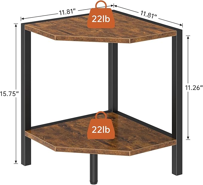 Corner Shelf Stand, 2 Tier Industrial Corner Bookshelf, Multipurpose Standing Corner Display Shelf Countertop Organizer for Living Room Kitchen Bedroom Office, Rustic Brown