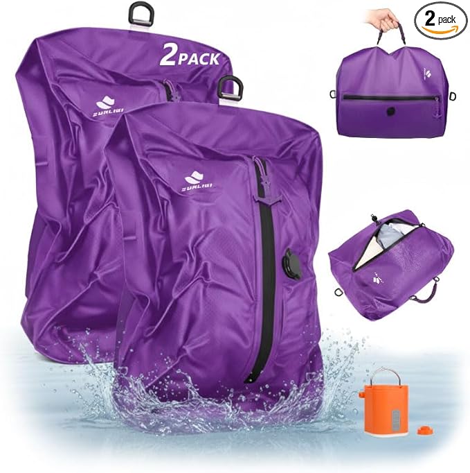 Zurligi Vacuum Compression Bags with Pump for Travel – IPX8 Waterproof Vacuum Packing Cubes, Reusable Carry-On Bags for Clothes, Suitcase & Backpack(2-Pack, Purple)