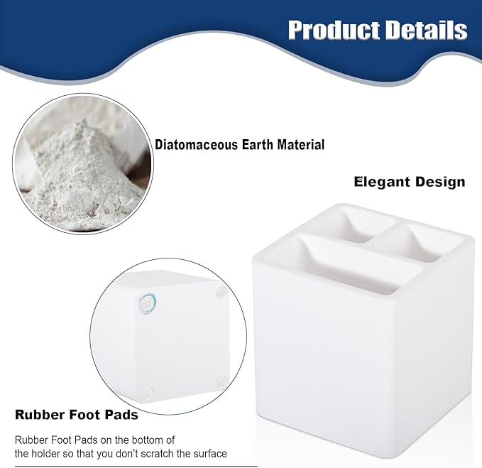 Diatomite Toothbrush Holders for Bathrooms, Electric Toothbrush and Toothpaste Holder 3 Slots Tooth Brush Organizer for Bathroom Countertop, Shower, Vanity - White