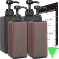 Soap Dispenser with Waterproof Labels, Thickened Plastic Hand Soap Dispenser for Bathroom, Kitchen Dish Washing Liquid Bottles, Shampoo and Conditioner Bottles with Funnel (16oz 4Pack Black Amber)