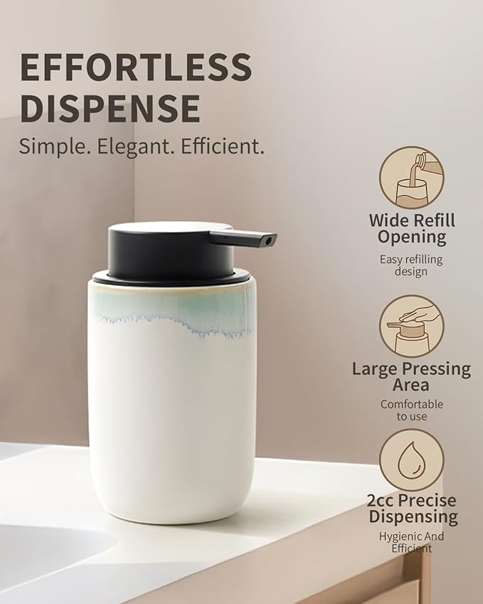 BosilunLife Hand Soap Dispenser - Foam Soap Dispenser Bathroom Ceramic Dish Liquid Soap Dispenser for Kitchen, Bathroom Countertop Soap Dispensers (White with Blue-Green Rim Liquid Pump)