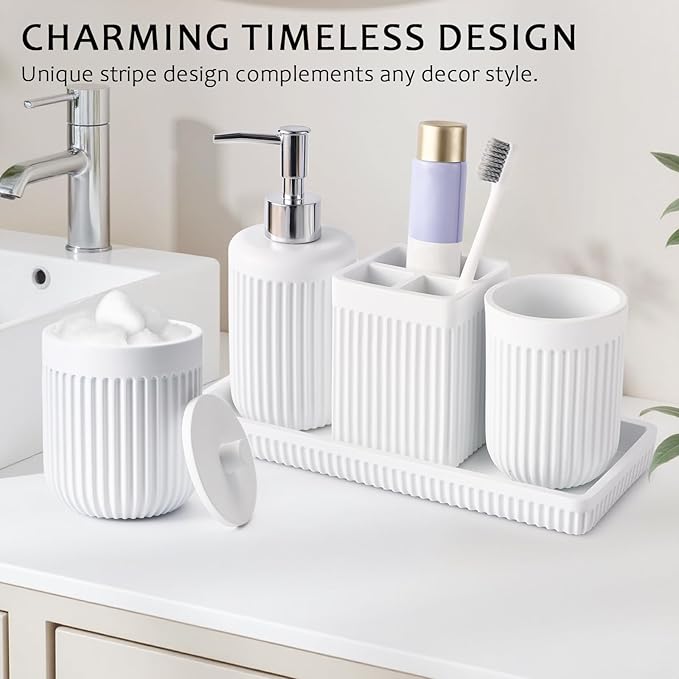 White Bathroom Sets with Shower Curtain and Rugs, 8-Piece Resin Bathroom Accessories Sets Complete with Soap Dispenser, Toothbrush Holder, Tumbler, Tray & Cotton Swab Jars Bathroom Essentials