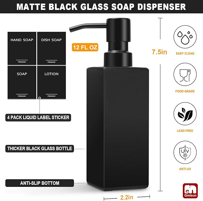 GMISUN Black Soap Dispenser Bathroom, Glass Hand Soap Dispenser with Stainless Steel Pump, 12 fl oz/350ml Refillable Dish Dispensers for Kitchen, Modern Liquid Lotion Bottles for Bathroom Countertop