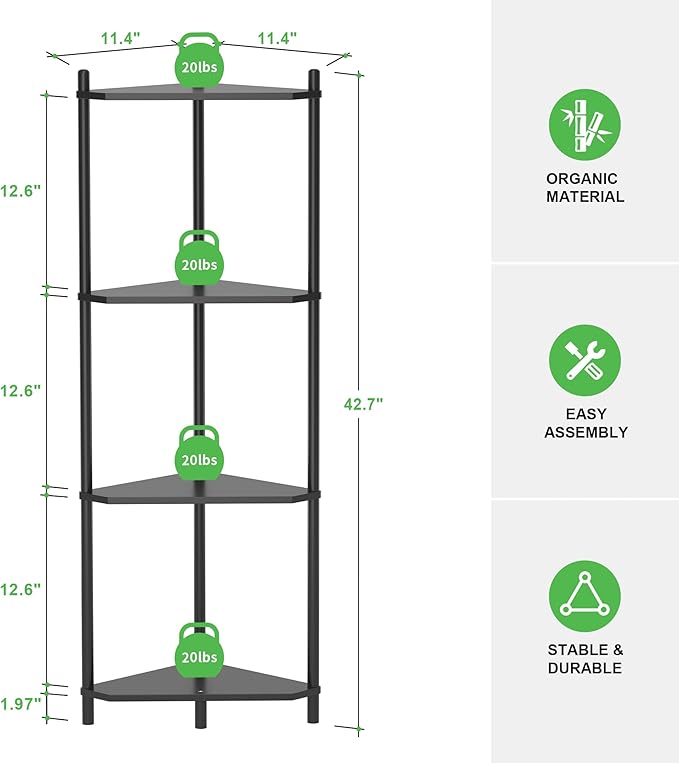 Wisuce Corner Shelf Stand - 4 Tier Black Bamboo Small Corner Bookshelf for Office Kitchen Bedroom Plant Stand Living Room Decor Small Space