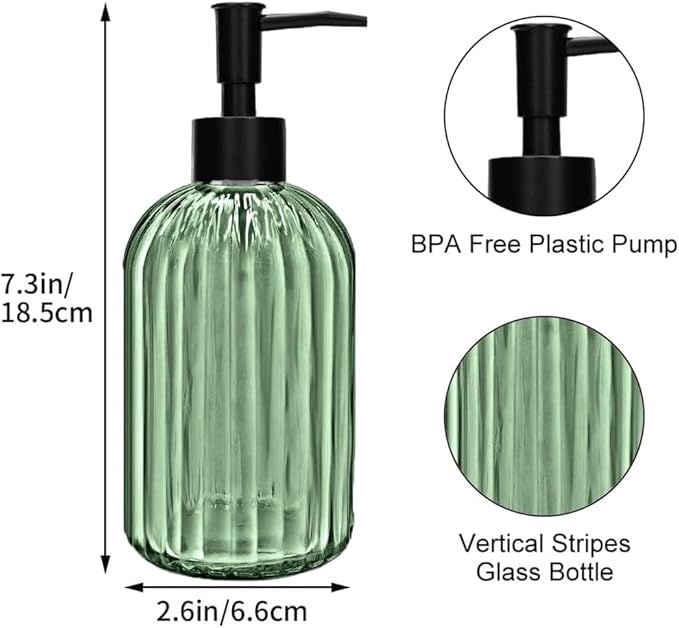2 Pack 14oz Glass Soap Dispenser with Black Pump – Refillable for Hand Soap, Dish Soap, Lotion, Suited for Kitchen, Bathroom & Laundry Room(Olive Green)