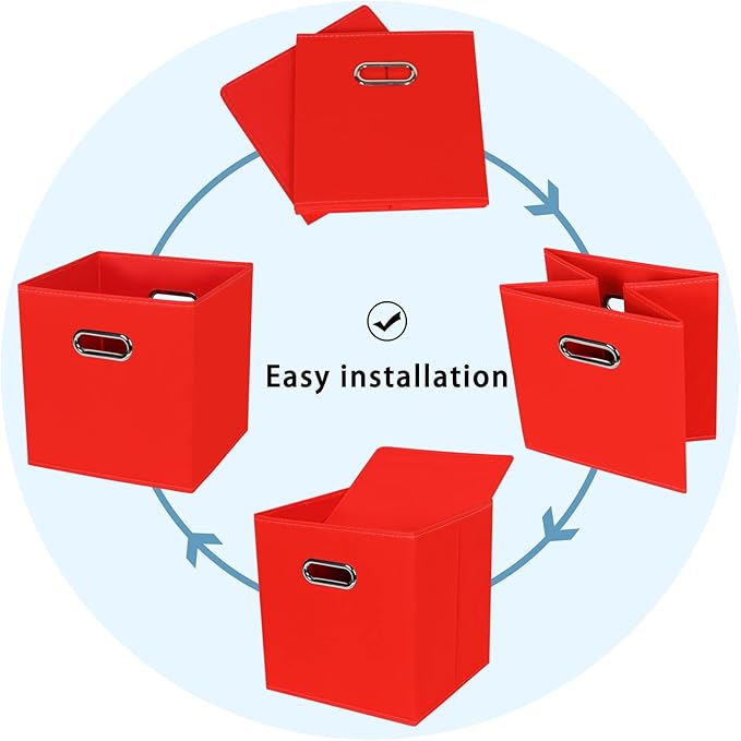 Black Fabric Cubby Storage Bins,13x13x13 Inches ,Cube Organizer Bin Foldable Storage Boxes with Dual Handles Fabric Organizer Box and collapsible Storage basket,Set of 6 ,Red