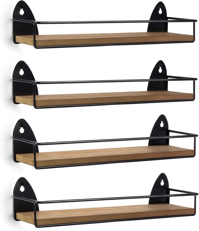 TJ.MOREE 4 Pack Spice Rack Wall Mounted Rustic Style Hanging Spice Organizer for Wall, Kitchen Spice Storage, Black
