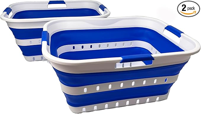 SAMMART 42L (11 gallons) Set of 2 Plastic Foldable Storage Basket/Container - Collapsible, Space Saving and Portable Laundry Hamper, Ideal for Home, Travel, Dorm (2, White/Dark Blue)