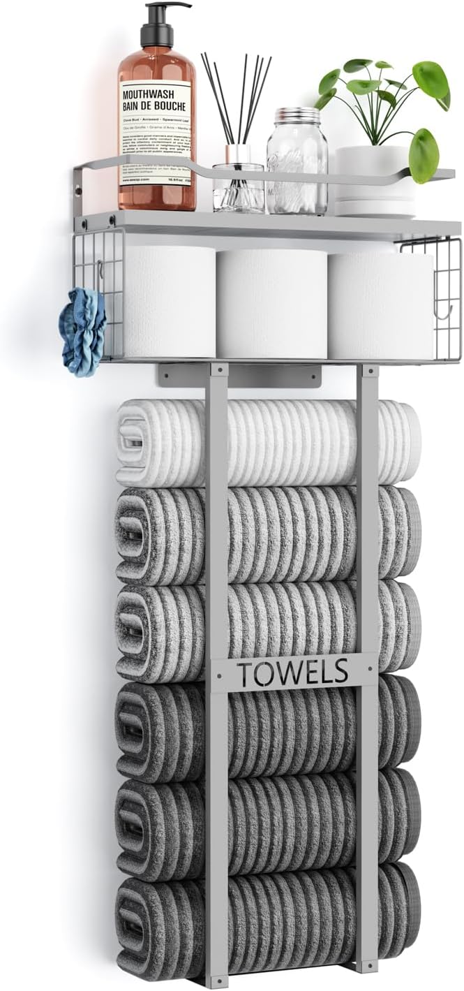 Towel Racks for Bathroom - Wall Mounted Metal Rack with Wood Plank, Bathroom Storage Organizer, Towel Holder Stores 6 Large Rolled Towels Easily, All Grey
