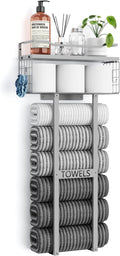 Towel Racks for Bathroom - Wall Mounted Metal Rack with Wood Plank, Bathroom Storage Organizer, Towel Holder Stores 6 Large Rolled Towels Easily, All Grey