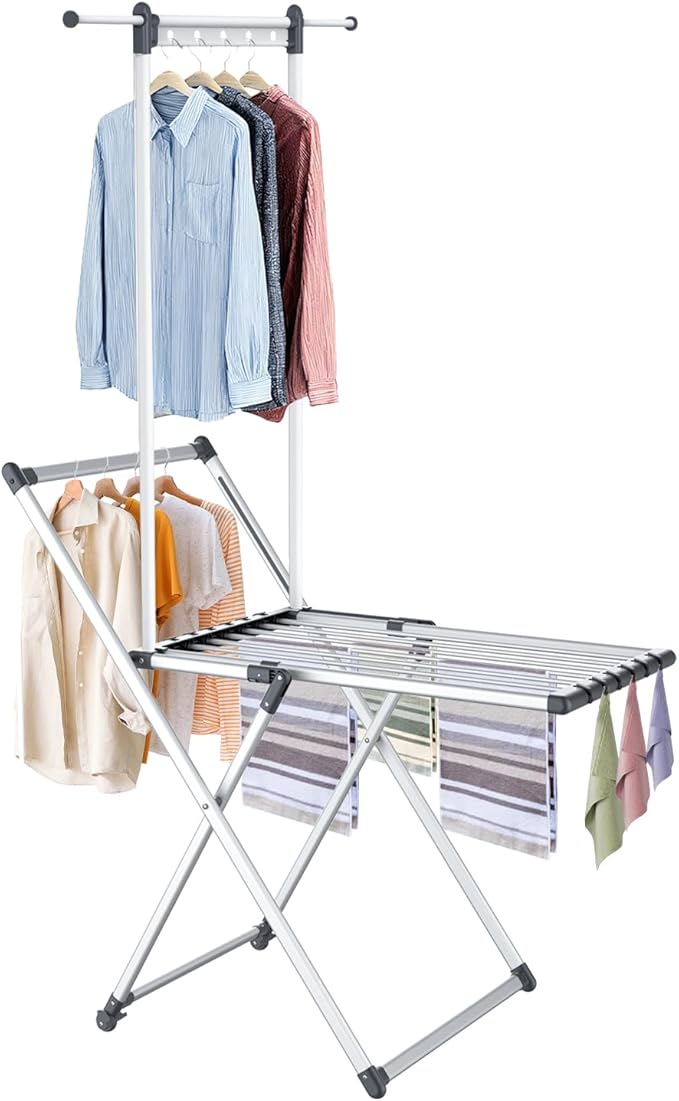 Unkqan Clothes Drying Rack, Foldable Laundry Rack for Indoor Outdoor, 10pcs Sock Clips, Collapsible Space-Saving Drying Rack for Clothes Towels Dolls, White (Gray-Hanger)