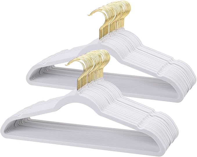 Velvet Hangers, Set of 60 Pack Clothes Hanger with 360° Swivel Gold Hook, Non-Slip, and Space-Saving, 0.2-Inch Thick, 17.7-Inch Long for Suit, Coat, Shirt, Dress, Pants - White