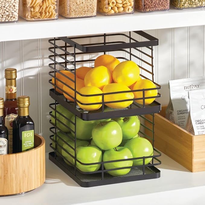 mDesign Stacking Wire Baskets Food Organizer Storage Metal Basket with Open Front for Kitchen Cabinet, Pantry, Cupboard, and Shelves - Organize Fruits, Snacks, and Vegetables - 2 Pack - Matte Black
