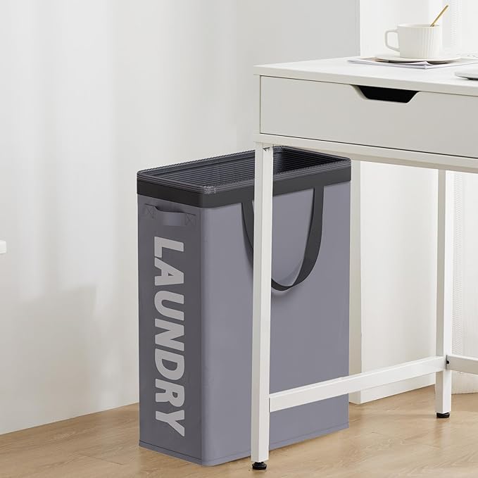 Slim Laundry Hamper with Removable Inner Bag and Side Handles, 45L Small Laundry Baskets to Store Clothes, Narrow Dirty Clothes Hamper for Laundry Room, Bathroom, Bedroom, and Living Room - Grey