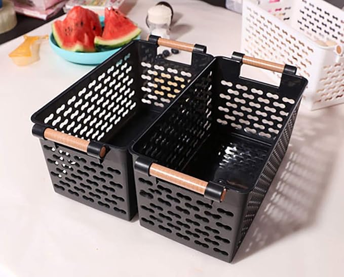 Yesland 6 Pack Plastic Storage Basket, Black Basket Organizer Bin with Handles for Home Office Closet, 6 x 12 x 5 Inches
