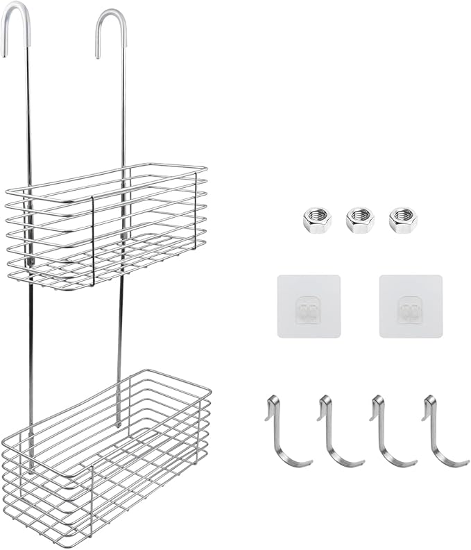 Antrader Hanging Shower Rack,Shower Caddy Hanging with Hooks,Hung on the Faucet or the Door,the Back Hook Can be Rotated,No Drilling,304 Stainless Steel,Double Layer-Silver