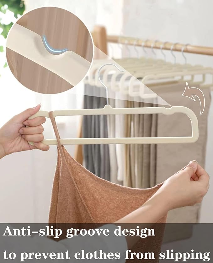 Pants Hangers Non Slip - 20 Pack Velvet Hangers for Closet - Thin Space Saving Clothes Hanger - Strong, Durable, Perchas Terciopelo with 360° Rotatable Hook for Jean, Tank Top, Bra, Shorts (Beige)