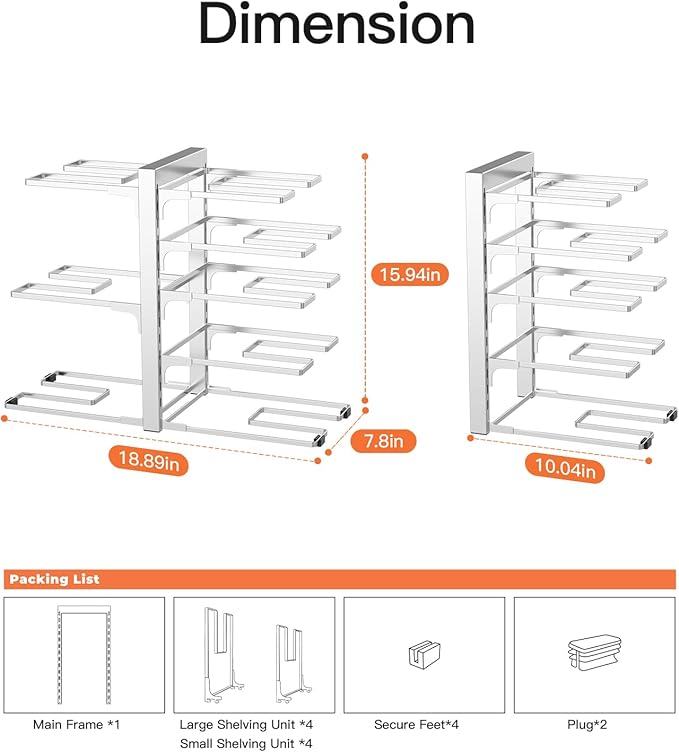 ORDORA 8-Tier Pots and Pans Organizer under Cabinet, Kitchen Cabinet Organizers and Storage, Heavy Duty 120LBS Pots and Pan Storage Rack Organizer inside Cabinet, Adjustable, Silver