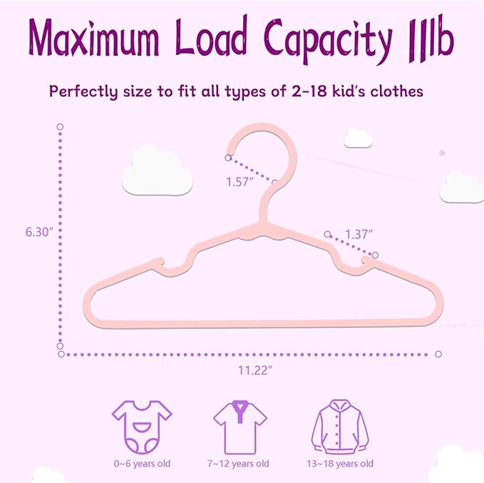 Baby Hangers for Closet 100 Pack Pink Plastic Kids Children's Clothes Hangers Non-Slip (Pink, 100)