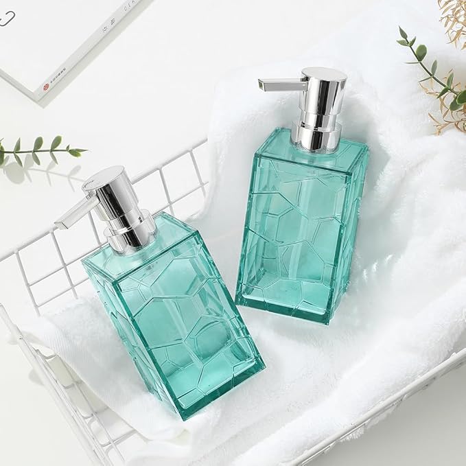 2 Pack Clear Teal Blue Rust Proof Soap Dispenser, Acrylic Plastic Hand Soap Lotion Dispenser Set for Bathroom&Kitchen