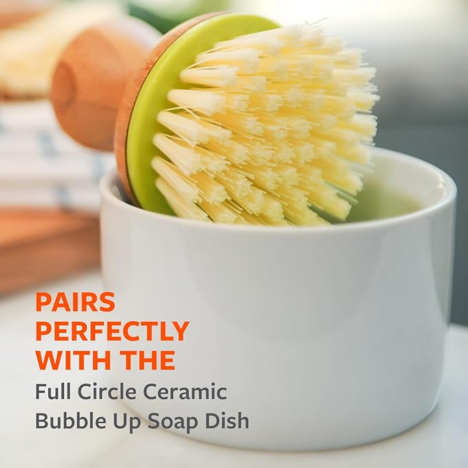 Full Circle Bubble Up Bamboo Dish Brush – Family Safe, Formaldehyde-Free–Ergonomic Palm Scrubber with Handle for Kitchen Cleaning, Dish Scrub Brush for Nonstick, Cast Iron & Sink, Green