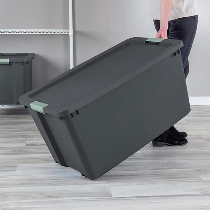 Sterilite 16 Pack 45 Gallon Wheeled Latch Tote, Stackable Plastic Storage Bin, Gray/Green