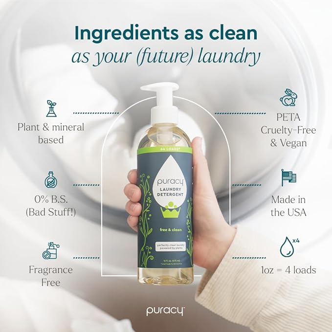 Puracy Laundry Detergent - Enzyme-Powered Liquid Laundry Detergent Concentrate, Natural Laundry Detergent Seen on TikTok, Non-Toxic (Free & Clear, 16 fl oz, 64 Loads) (Pack of 2)