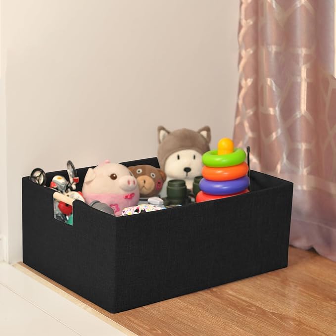 Fabric Storage Basket for Shelves, Collapsible Storage Bins with wood Handles, Rectangle Closet Baskets, Wardrobe Organiser, for Sorting Clothes, Family Items (Black) (2)