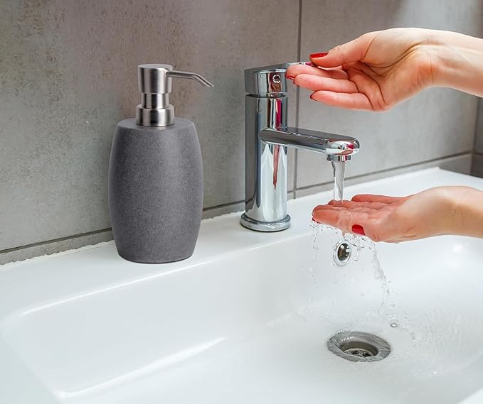 Sandstone Textured Resin Soap Dispenser with Metallic Pump and Waterproof Bottle Labels for Bathroom Kitchen Dish Hand Wash Shower Lotion Shampoo, 12 Oz, 2 Sets Gray