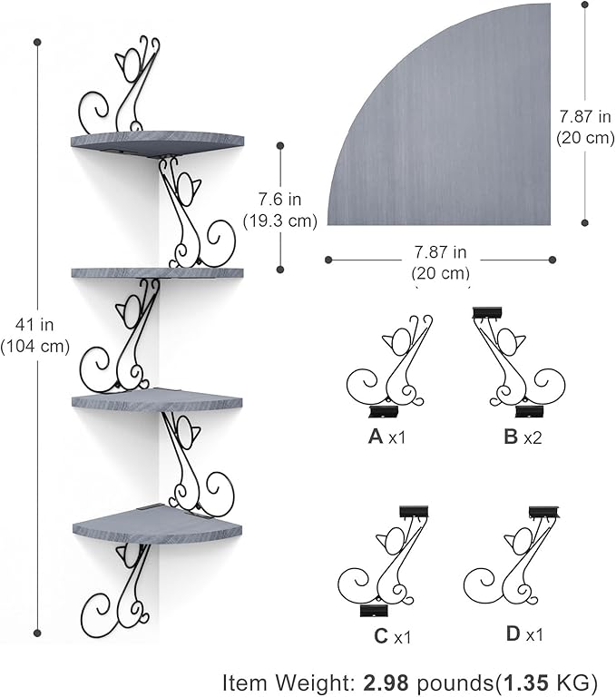 Alsonerbay Wall Mount Corner Shelves 4 Tier Floating Corner Storage Wood Shelves Decorative Rustic Radial Shelf in Cat Shape Weathered Grey