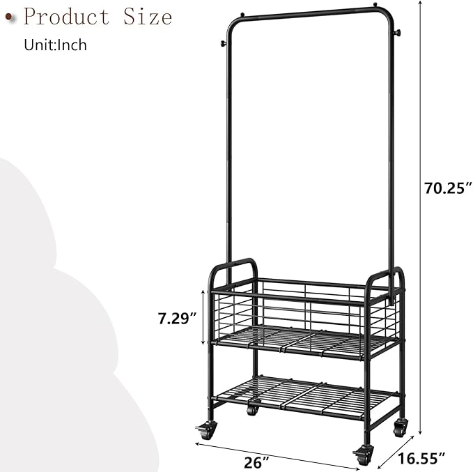 SUOERNUO Laundry Cart with Hanging Rack Rolling Laundry Hamper Sorter with Wheels Shelf,Black