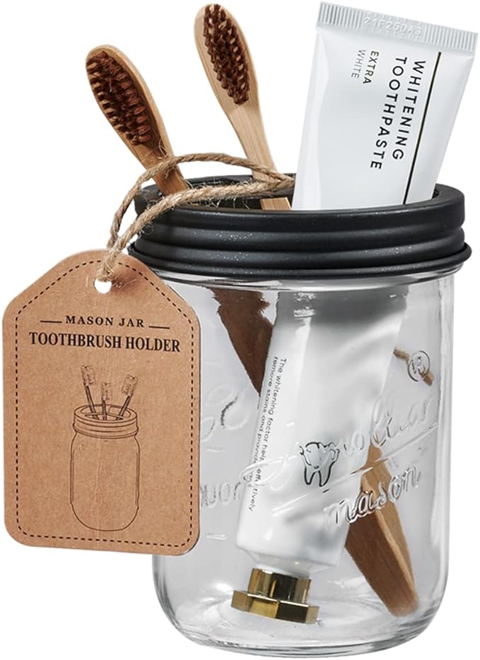 Amolliar Mason Jar Bathroom Accessories Set(4 Pcs) -Lotion Soap Dispenser &Cotton Swab Holder &Toothbrush Holder-Rustic Farmhouse Decor Apothecary Jars Vanity Organizer-Rustic Farmhouse Decor (Black)