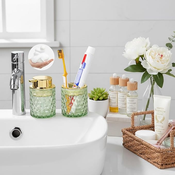 Bathroom Accessories 2 Piece Set Glass Soap Dispenser and Toothbrush Holder, 10oz Foaming Soap Dispenser, Green Toothbrush and Toothpaste Holder Organizer Cup for Modern Bathroom Decor